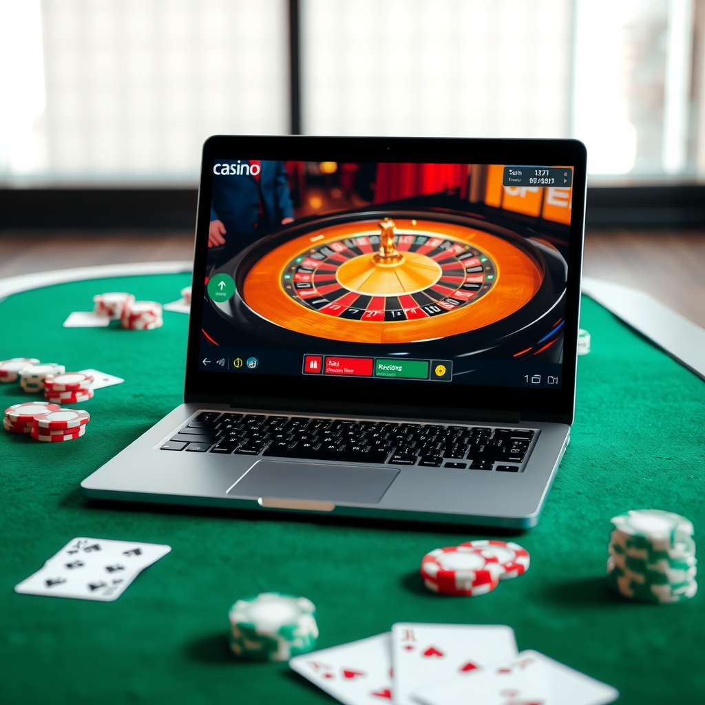 ライブ カジノで遊ぶ前にチェックしたい入出金方法と利用条件 Laptop displaying an online casino roulette game beside playing cards and casino chips