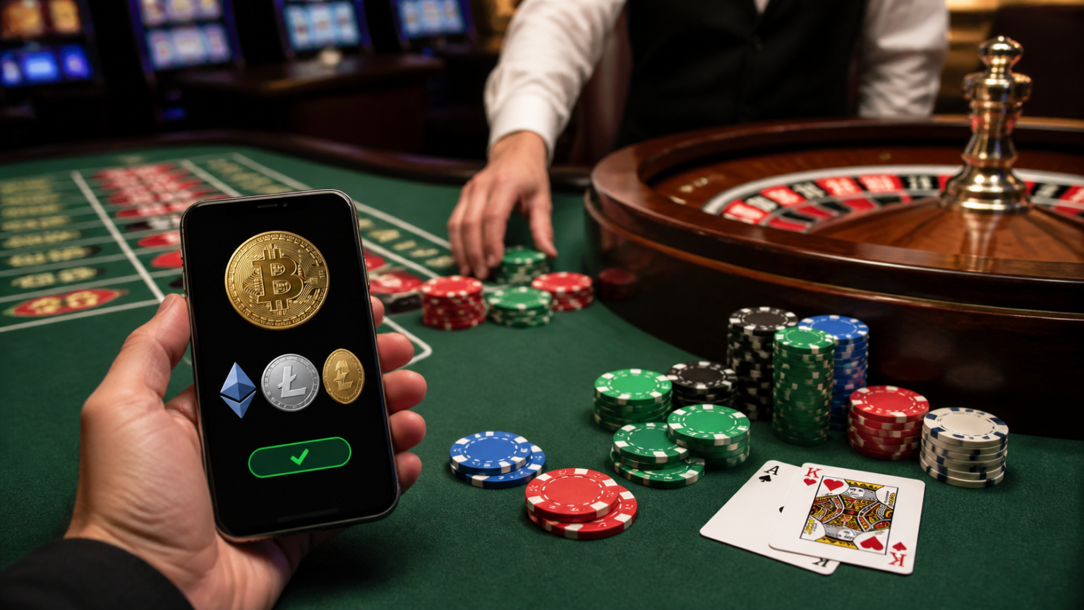 What Makes a Crypto Casino Different Casino table with a smartphone showing crypto payment