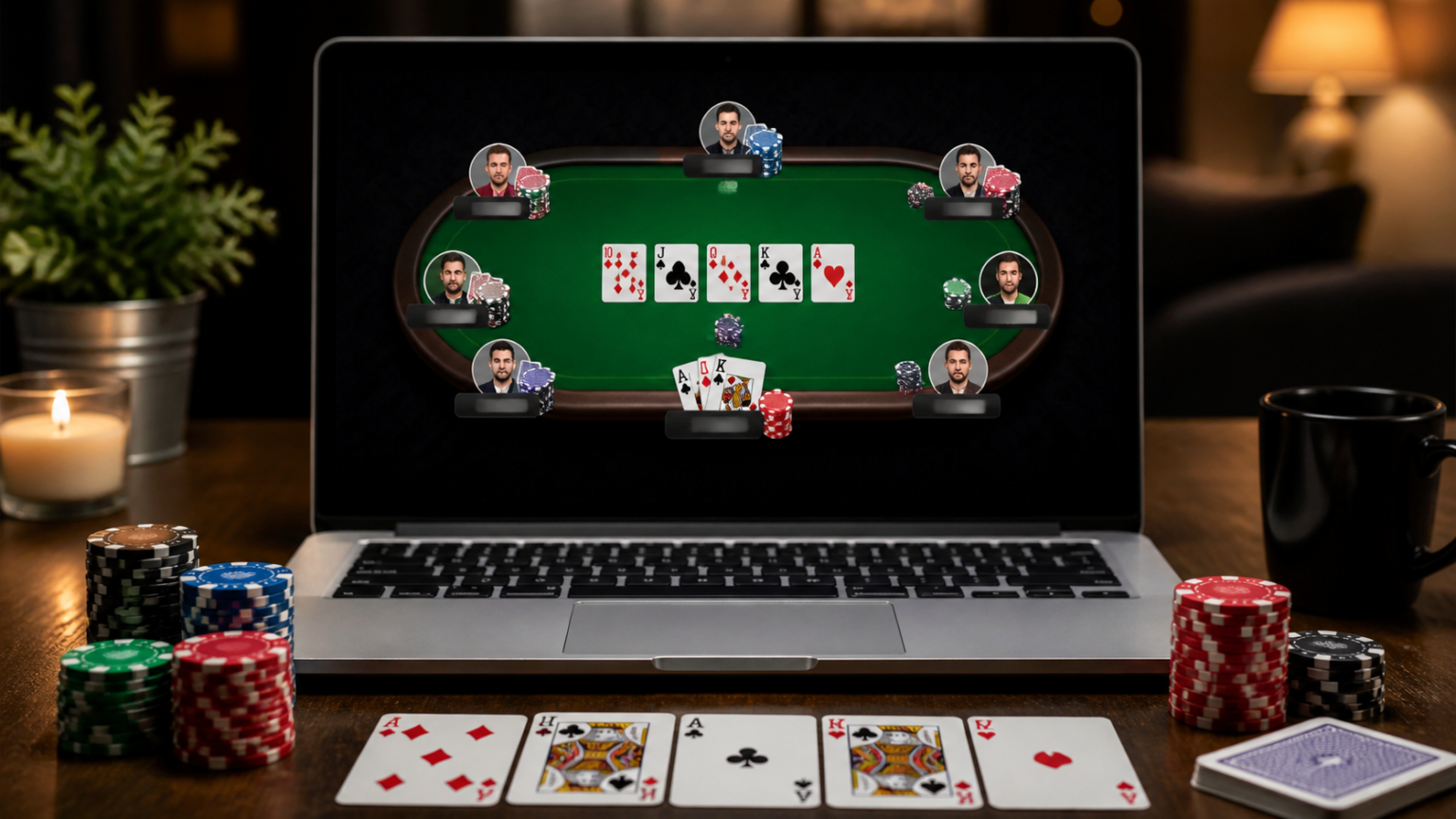 How to Approach เกมโป๊กเกอร์ออนไลน์ with Skill and Discipline Online poker game on a laptop with chips and cards