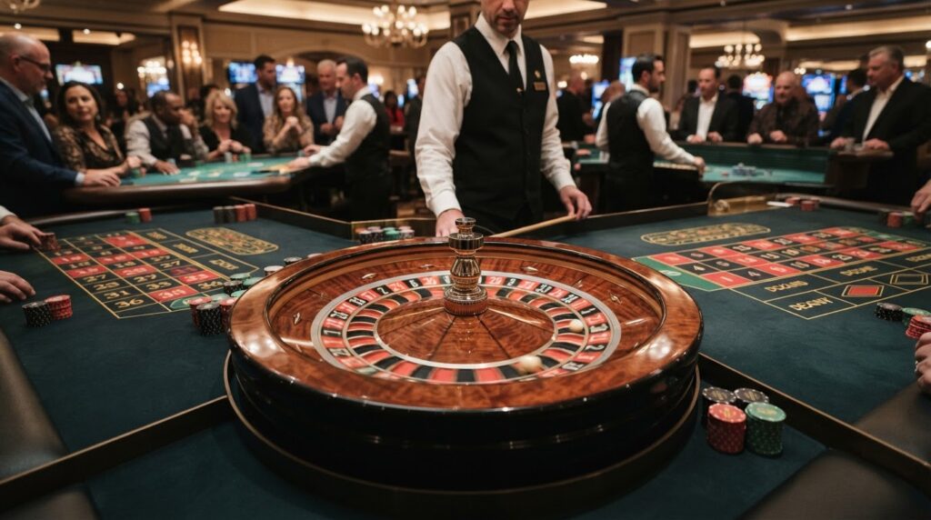 Guide to Best Online Casino Sites Singapore Options A close-up view of a roulette wheel on a green casino table