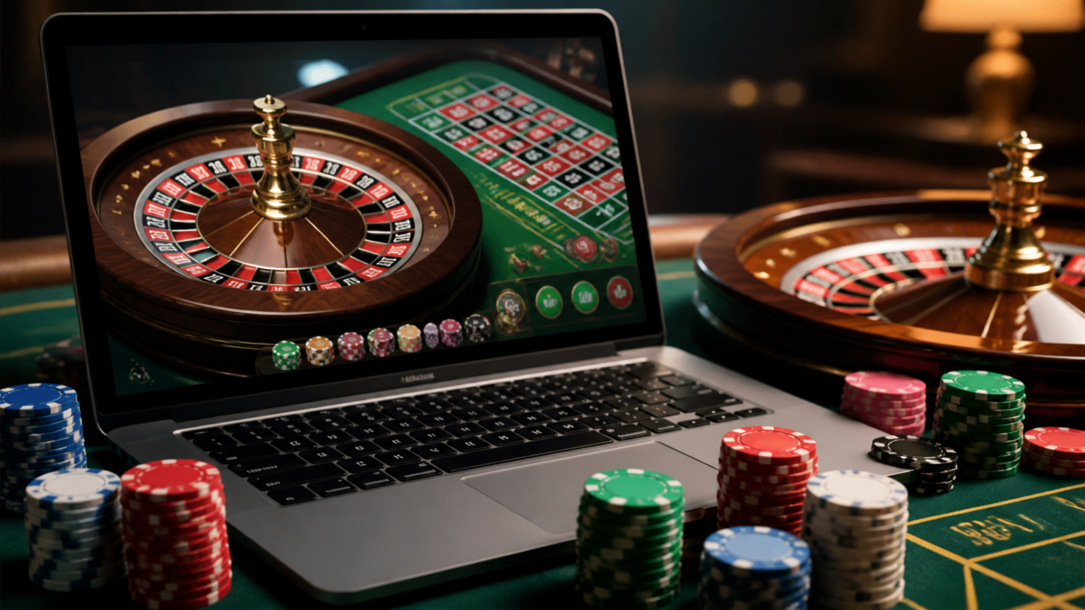 Hiểu đúng về danh sách nhà cái được đánh giá cao: top 10 nhà cái uy tín nhất hiện nay Bàn roulette và laptop hiển thị trò chơi casino trực tuyến