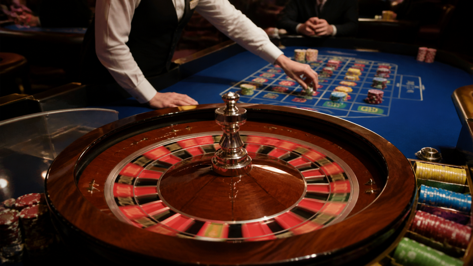Bàn roulette trong không gian casino với bánh xe và khu vực đặt cược