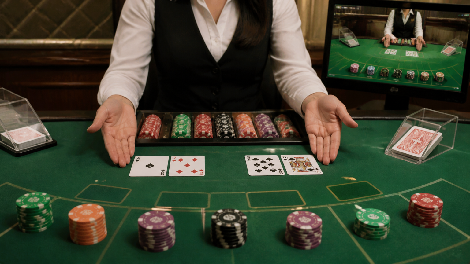 Bàn baccarat với bài và phỉnh, minh họa trò chơi baccarat trực tuyến