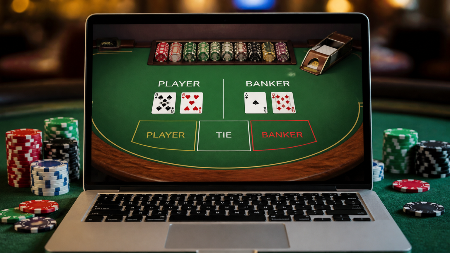 Nắm vững luật baccarat trước khi đặt cược: đánh baccarat trực tuyến Bàn baccarat trực tuyến với bài và phỉnh hiển thị trên màn hình