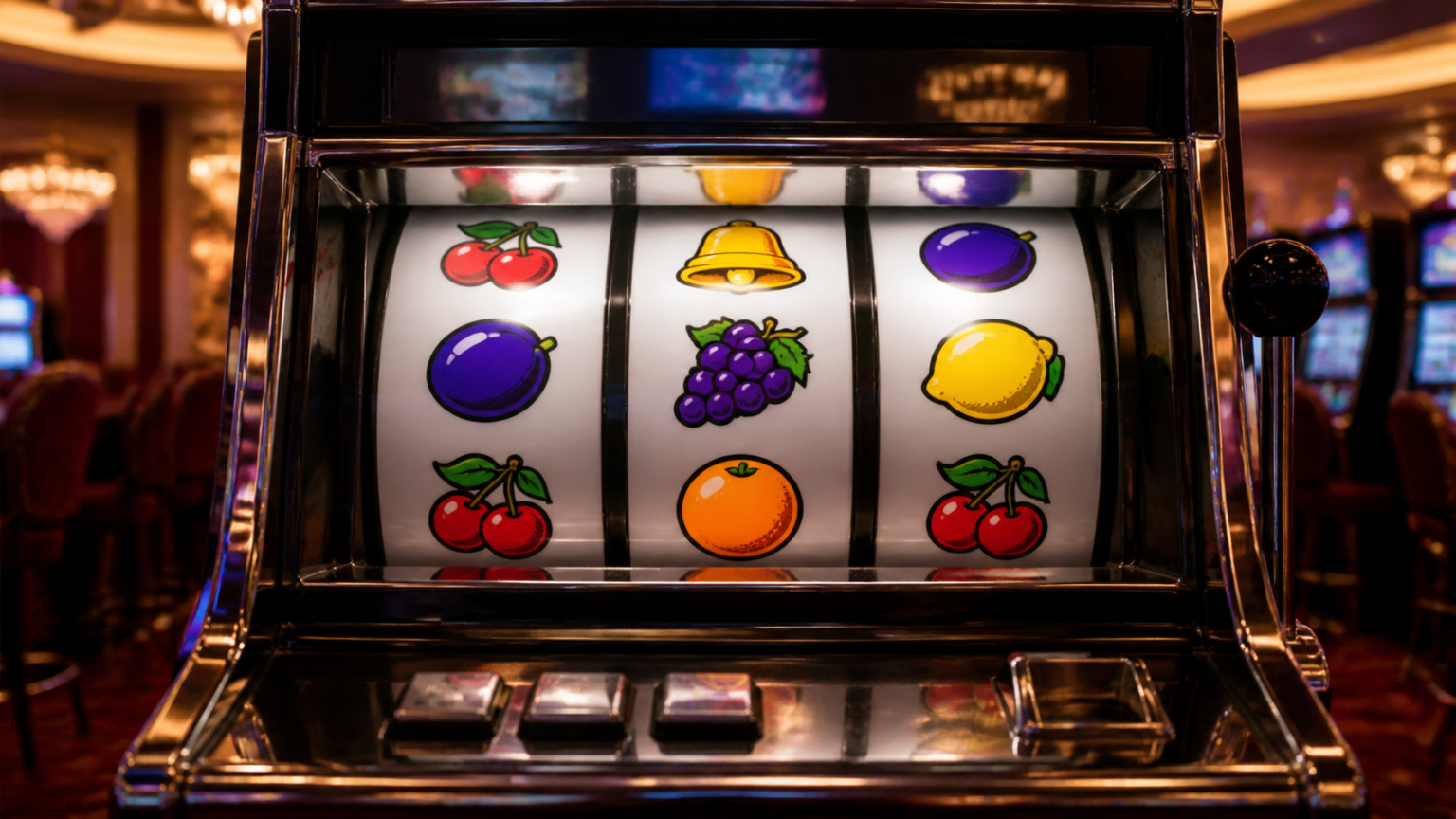 Máy trò chơi nổ hũ với các cuộn biểu tượng trái cây trong không gian casino