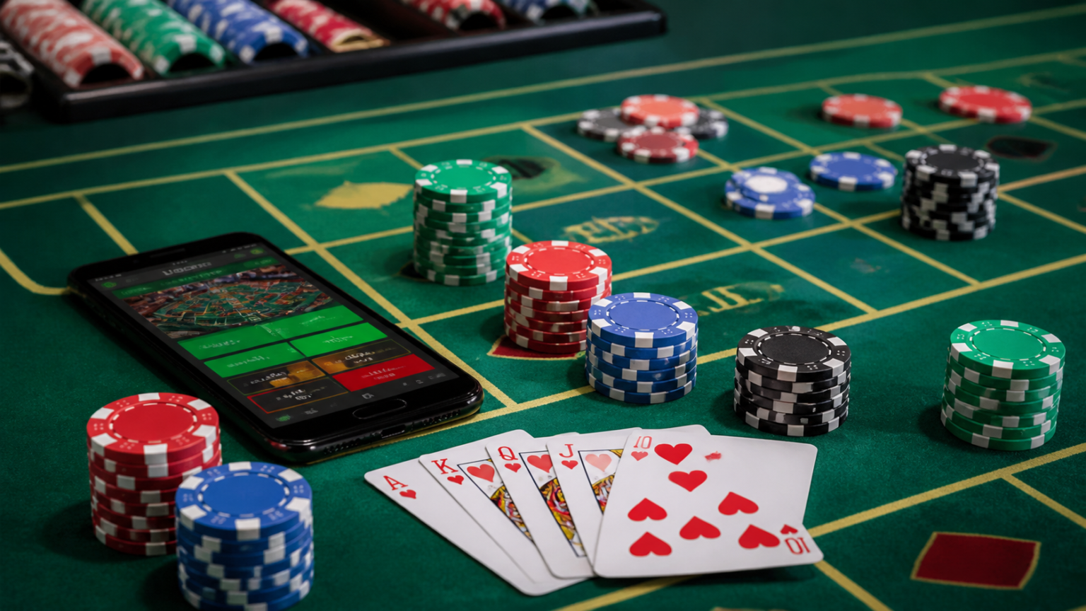 Casino betting table with chips and a smartphone showing online betting