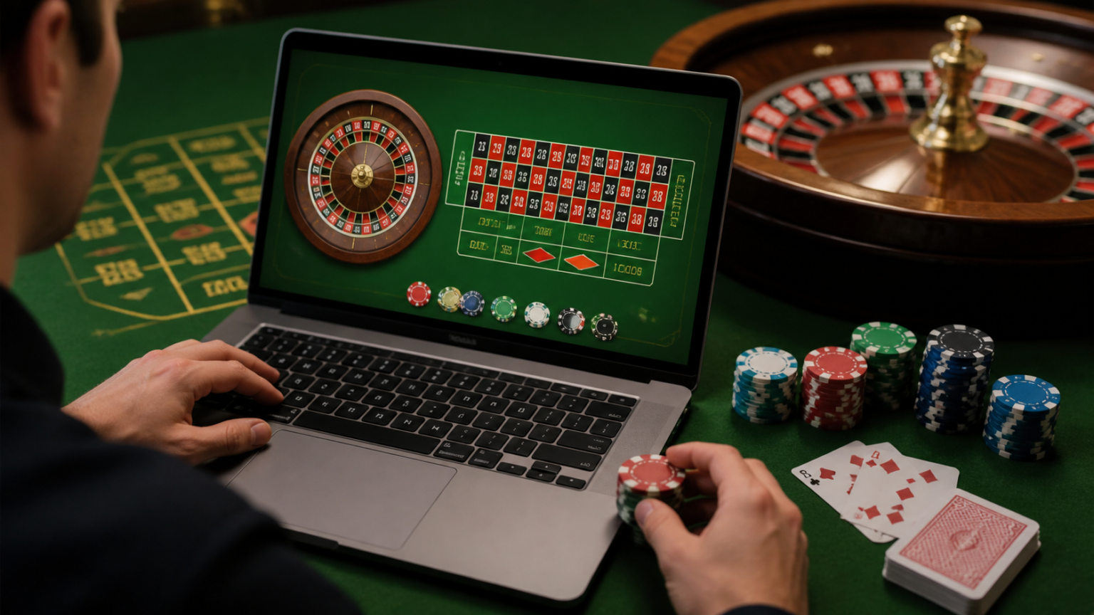 Casino-related scene showing online betting on a laptop with gaming chips