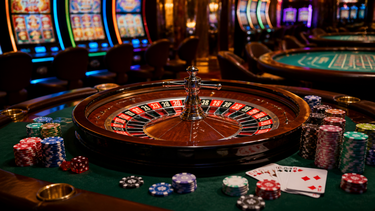 What to Expect from an Online Casino Experience: online casino Singapore Casino gaming setup with roulette wheel and playing cards