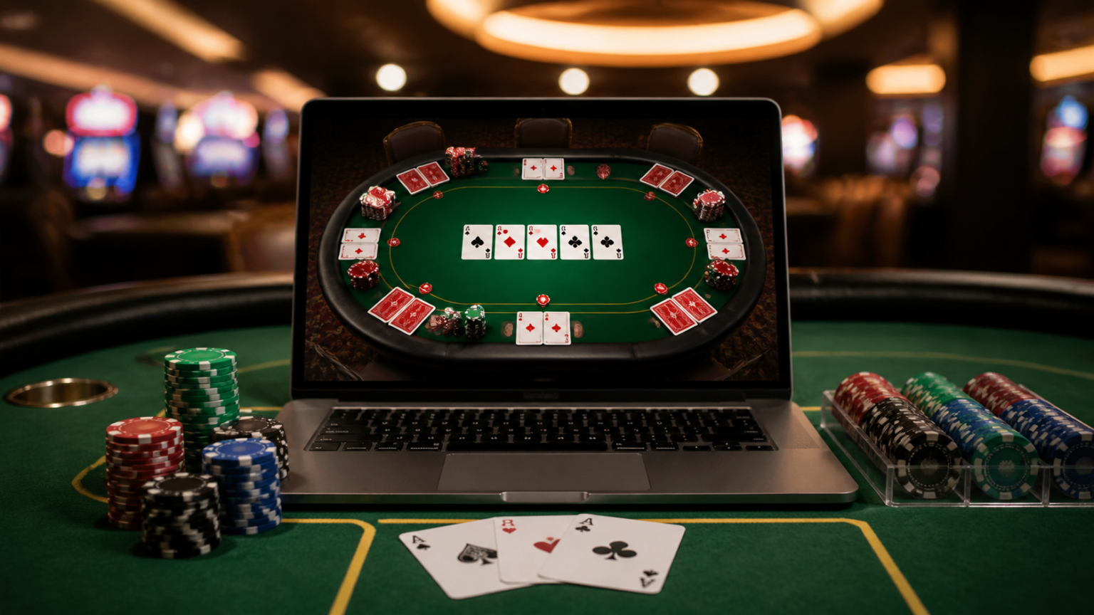 Poker Online: What Players Should Know Before They Start Online poker table on a screen with casino chips nearby