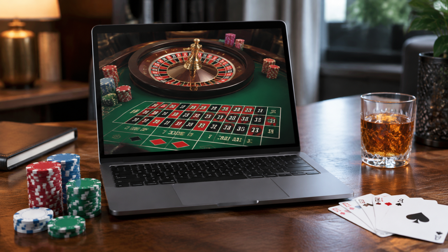 Singapore online casino: A Practical Guide to Game Choices Laptop displaying an online casino roulette game beside playing cards and casino chips