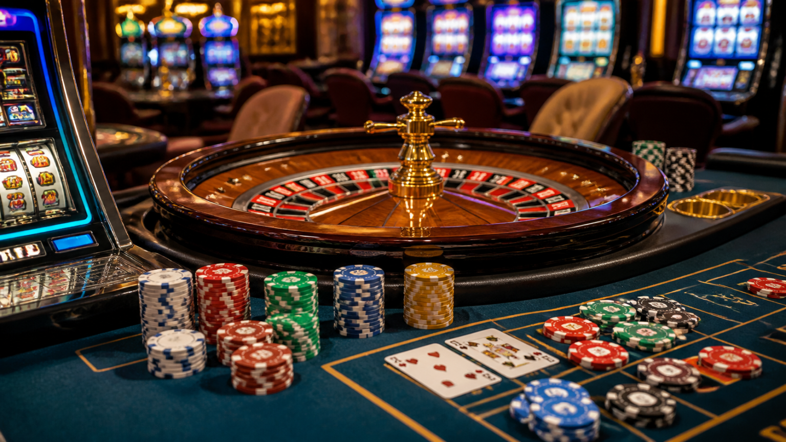 Casino roulette table with chips and cards for a Singapore online casino topic