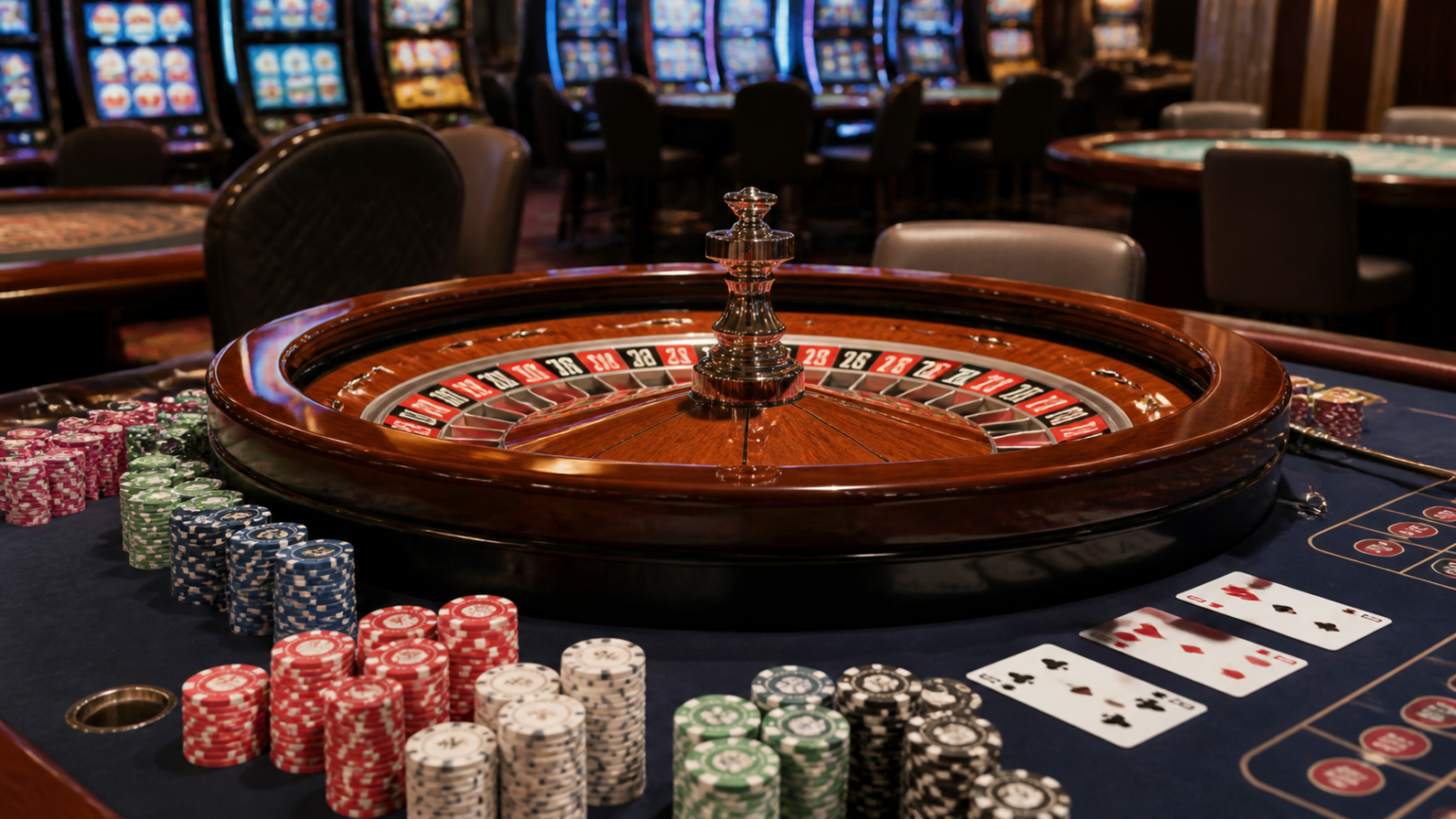 オンラインカジノランキング2026|人気サイトを徹底比較 Casino gaming setup with cards, roulette wheel, and slot machine