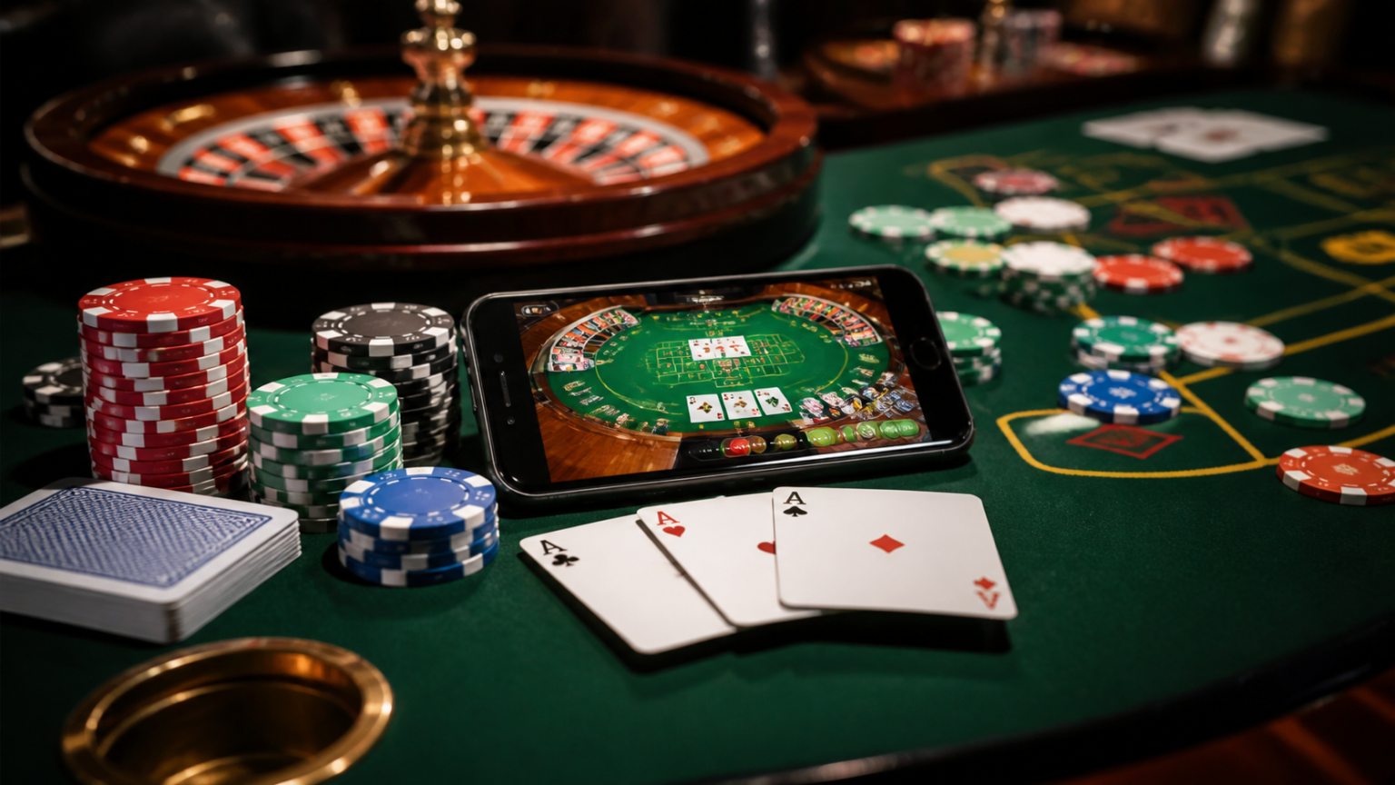Casino betting table with smartphone for online betting Singapore
